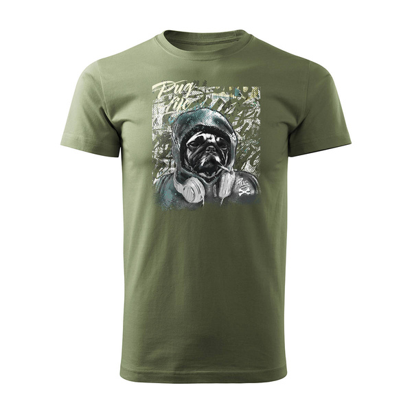 Koszulka z psem Mops mopsem mopsik street art urban męska khaki