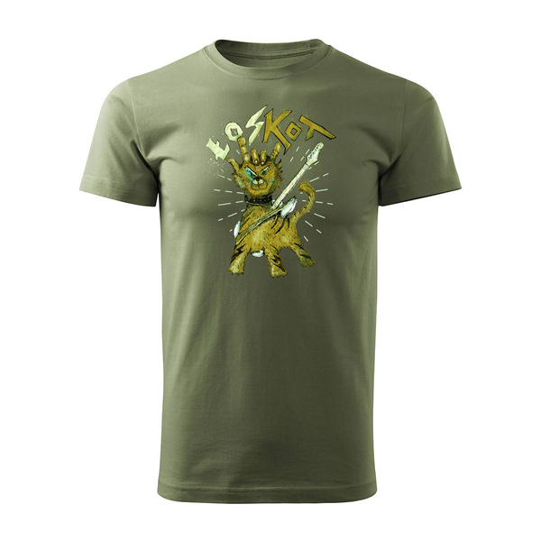Koszulka rockowa z kotem rock dla gitarzysty z gitarą gitara męska khaki REGULAR