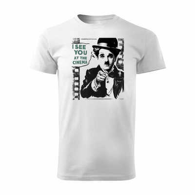 Koszulka dla miłośników kina kinomana Charlie Chaplin z chaplinem męska biała REGULAR
