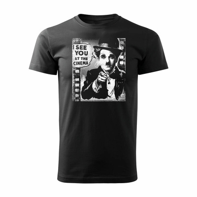 Koszulka dla miłośników kina kinomana Charlie Chaplin z chaplinem męska czarna REGULAR